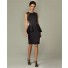 Column Short Black Lace Satin Peplum Formal Evening Dress