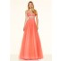 Cute A Line Sweetheart Open Back Long Coral Tulle Beaded Prom Dress With Straps