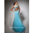 Designer One Shoulder Long Blue Chiffon Beading Prom Dress Backless Cut Out