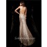 Designer Sheath Halter Long Champagne Gold Sequined Prom Dress Open Back Straps