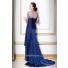 Designer V Neck Long Navy Blue Silk Beaded Sleeve Evening Dress With Train