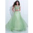 Elegant A Line Bateau Neck Cap Sleeve Light Green Chiffon Beaded Two Piece Prom Dress