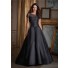 Elegant A Line Black Satin Tulle Beaded Formal Occasion Evening Dress With Short Sleeves