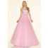 Elegant A Line High Neck Light Pink Tulle Beaded Prom Dress With Buttons