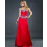 Elegant A line sweetheart long red beaded satin evening dress with train