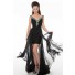 Elegant Flowing Cap Sleeve Long Black Chiffon Beaded Homecoming Prom Dress