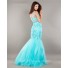 Elegant Mermaid V Neck Aqua Blue Tulle Lace Beaded Prom Dress