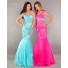 Elegant Mermaid V Neck Hot Pink Tulle Lace Beaded Prom Dress