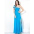 Elegant Sheath One Shoulder Long Blue Chiffon Evening Dress With Split