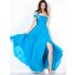Elegant Sheath One Shoulder Long Blue Chiffon Evening Dress With Split
