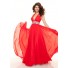 Elegant sheath halter long red chiffon prom dress with beading