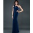 Elegant sheath one shoulder long navy blue chiffon evening dress with bow