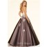 Elegnat Ball Gown Black Tulle Blush Pink Satin Lace Prom Dress Beading Belt