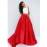 Fashion A Line Halter Two Piece White And Red Silk Satin Prom Dress With Pockets
