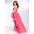Fashion High Low Sweetheart Neon Orange Organza Ruffle Beaded Prom Dress Corset Back