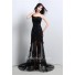 Fashion One Shoulder Long Black Tulle Lace Beaded Prom Dress