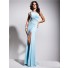 Fashion Sexy One Shoulder Backless Long Light Blue Prom Dress Beading Crystals