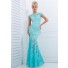 Fit And Flare Trumpet Mermaid Cap Sleeve Aqua Lace Beaded Long Prom Dress