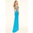 Fitted Halter High Slit Long Aqua Blue Beaded Evening Prom Dress