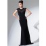 Fitted High Neck Cap Sleeve Keyhole Open Back Black Jersey Beaded Long Evening Dress