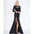 Fitted High Neck Collar Front Keyhole Long Sleeve Black Jersey Evening Prom Dress