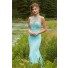 Fitted High Neck Long Aqua Jersey Tulle Beaded Prom Dress