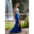 Fitted High Neck Long Royal Blue Jersey Embroidery Prom Dress With Slit