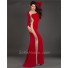 Fitted Long Sleeve Red Jersey Sheer Illusin Tulle Evening Prom Dress