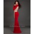 Fitted Long Sleeve Red Jersey Sheer Illusin Tulle Evening Prom Dress