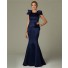Fitted Mermaid Cap Sleeve Navy Blue Satin Modest Occasion Evening Dress