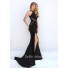 Fitted Mermaid High Slit Black Satin Lace Prom Dress