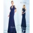 Fitted V Neck Navy Satin Beaded Formal Occasion Evening Dress