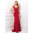 Fitted V Neck Cap Sleeve Long Red Jersey Lace Beaded Evening Prom Dress
