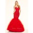 Flared Mermaid Strapless Red Tulle Ruffle Lace Applique Beaded Prom Dress