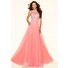 Flowing A Line Open Neck Long Coral Chiffon Beaded Prom Dress