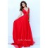 Flowing A Line Plunging Neckline Long Red Chiffon Beaded Prom Dress