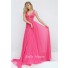 Flowing A Line Plunging Neckline Long Hot pink Chiffon Beaded Prom Dress