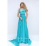 Flowing A Line Plunging Neckline Long Turquoise Chiffon Beaded Prom Dress