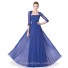 Flowing A Line Royal Blue Chiffon Pleated Special Occasion Evening Dress Lace Sleeves