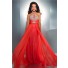 Flowing A Line Spaghetti Strap Cut Out Long Neon Coral Chiffon Beaded Prom Dress