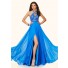 Flowing Halter Cut Out Long Blue Chiffon Beaded Prom Dress With Slit