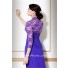 Formal A Line Scalloped Long Blue Chiffon Lace Evening Wear Dress With Sleeve
