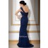 Formal Mermaid One Shoulder Long Navy Blue Pleated Chiffon Evening Dress With Flowers
