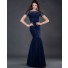 Formal modest mermaid long navy blue chiffon evening dress with lace sleeve