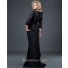 Formal sheath long black jersey evening dress with beaded lace sleeves
