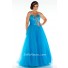 Glamorous A Line Strapless Long Blue Tulle Beaded Plus Size Prom Dress