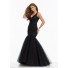 Gorgeous Mermaid V Neck Open Back Black Satin Tulle Beaded Prom Dress