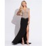 Gorgeous Scoop Neck Cap Sleeves Sheer Panels Backless Long Black Chiffon Beaded Prom Dress With Slit