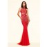 Gorgeous Sexy Mermaid Backless See Through Red Tulle Lace Beaded Prom Dress