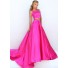 Gorgeous Two Piece Hot Pink Silk Satin Prom Dress With Spaghetti Straps Buttons